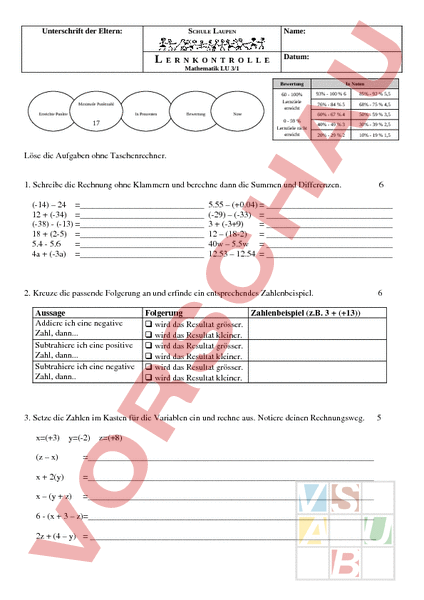 Arbeitsblatt: Von Minus bis Plus Test - Mathematik - Zahlenbereiche