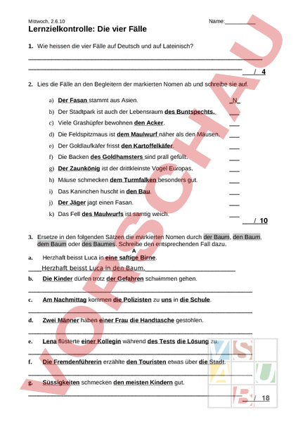 Arbeitsblatt: Test 1 Die vier Fälle - Deutsch - Grammatik