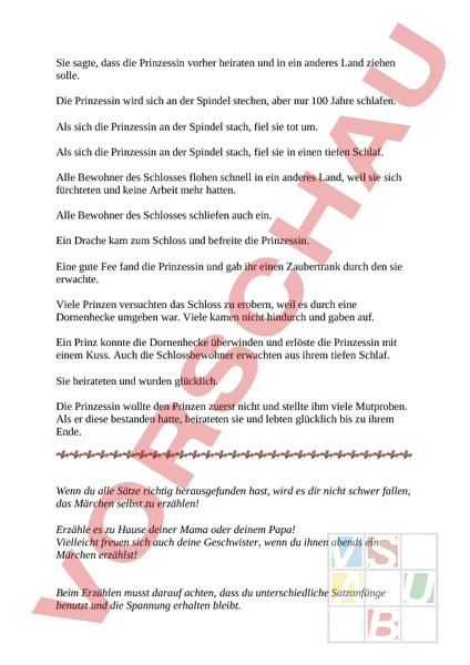 Arbeitsblatt: Dornröschen Märchen Textbausteine 2 - Deutsch - Texte