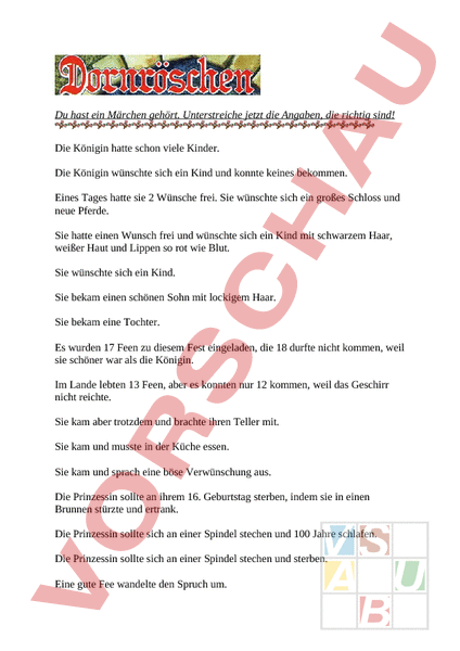 Arbeitsblatt: Dornröschen Märchen Textbausteine - Deutsch - Texte schreiben
