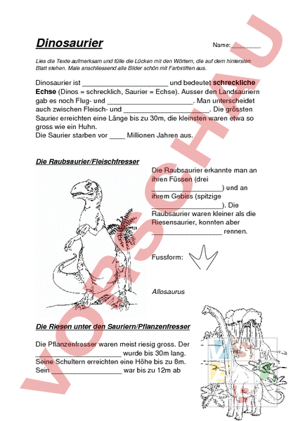 Arbeitsblatt: Dinosaurier  Biologie  Evolution