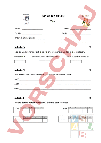 Arbeitsblatt: Test Zahlenraum bis 10'000 - Mathematik - Zahlenbereiche