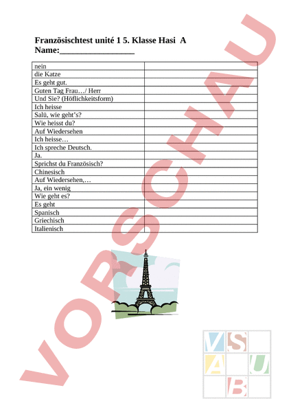 Arbeitsblatt Test Unte 15 Franzosisch Wortschatz