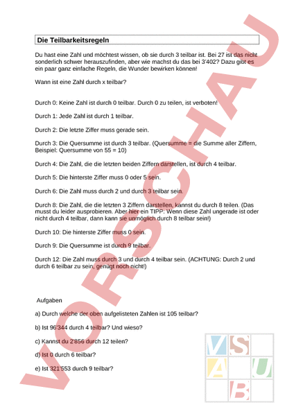 Arbeitsblatt Teilbarkeitsregeln Mathematik Mengenlehre
