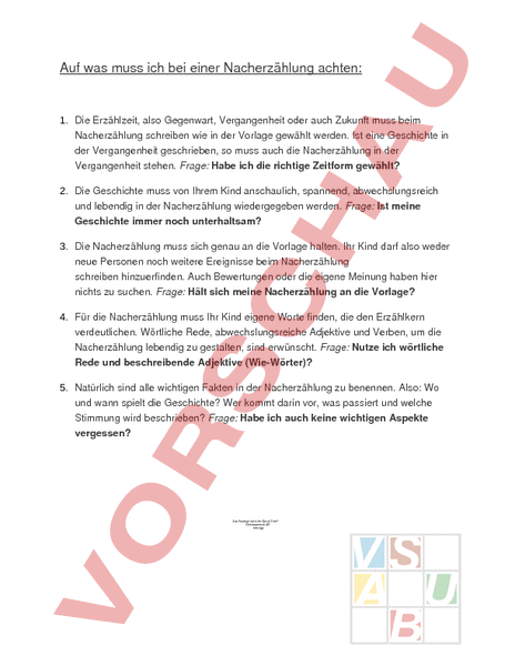 Arbeitsblatt Merkblatt Nacherzahlung Deutsch Texte Schreiben