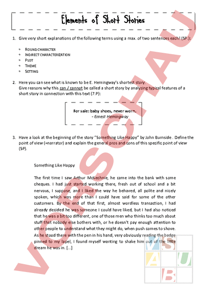 Arbeitsblatt: Test Elements of a short story - Englisch - Lesen / Literatur
