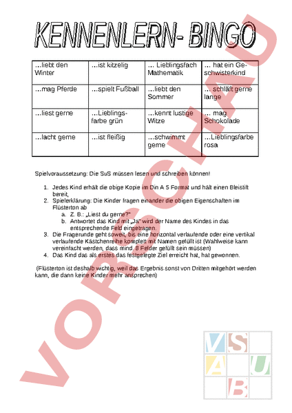 Bingo spiel zum kennenlernen