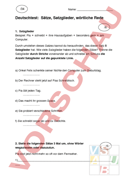 Arbeitsblatt: Sätze, Satzglieder, wörtliche Rede - Deutsch - Grammatik