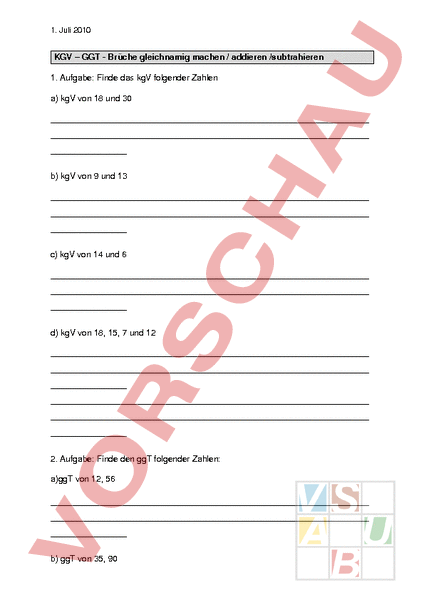 Arbeitsblatt: kgV/ggT gleichnamig machen + - - Mathematik - Division
