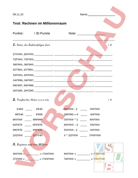 Arbeitsblatt: Test - Rechnen im Millionenraum - Mathematik - Zahlenbereiche