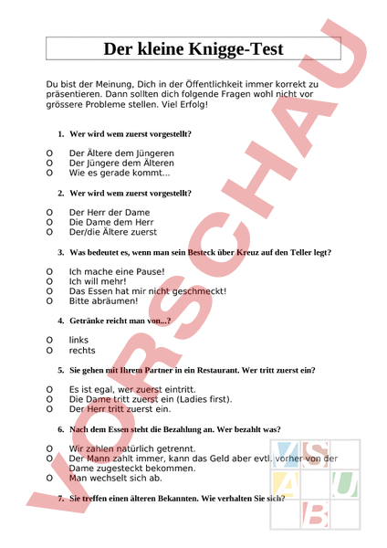 Arbeitsblatt: Knigge Test - Lebenskunde - Anderes Thema