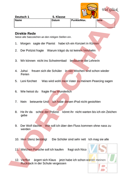 Arbeitsblatt: Direkte Rede - Deutsch - Grammatik