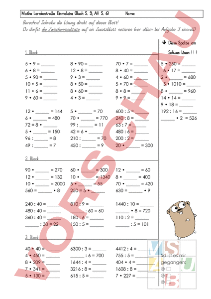 Arbeitsblatt: Einmaleins - Mathematik - Multiplikation