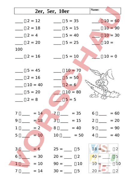 Arbeitsblatt: Einmaleins 2, 5, 10er - Mathematik - Multiplikation