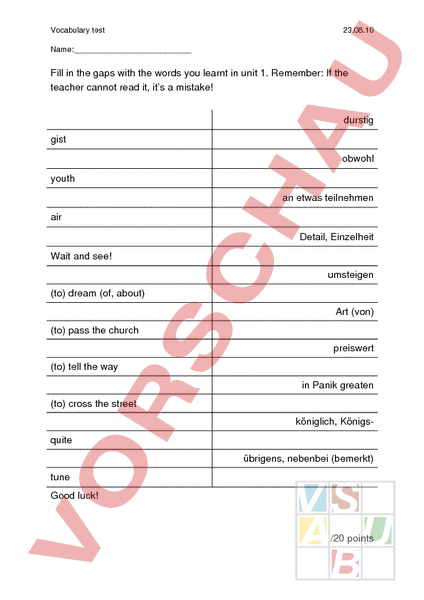 Arbeitsblatt: Vokabeltest - Englisch - Wortschatz