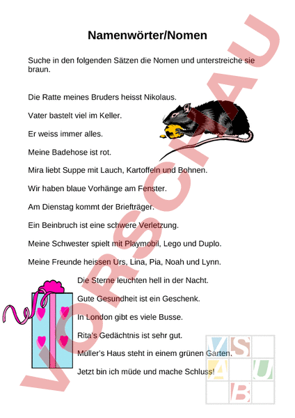 Arbeitsblatt: Namenwörter / Nomen finden - Deutsch - Grammatik
