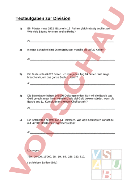 Arbeitsblatt: Textaufgaben zur Division - Mathematik - Division