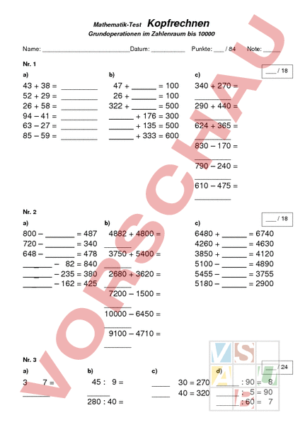 Arbeitsblatt: Kopfrechnen bis 10000 Test - Mathematik - Zahlenbereiche