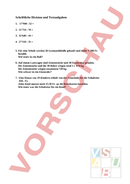 Arbeitsblatt: Schriftliche Division und Textaufgaben - Mathematik