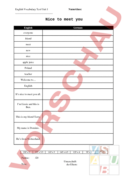 Arbeitsblatt: Vokabeltest Unit 1 - Englisch - Wortschatz