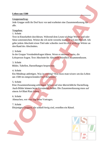 Arbeitsblatt: Leben um 1500 Gruppenauftrag - Geschichte - Mittelalter