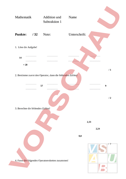 Arbeitsblatt: Mathematik Test - Mathematik - Addition