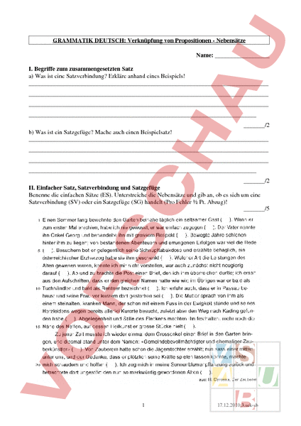 Arbeitsblatt: Prüfung Haupt- / Nebensätze - Deutsch - Grammatik