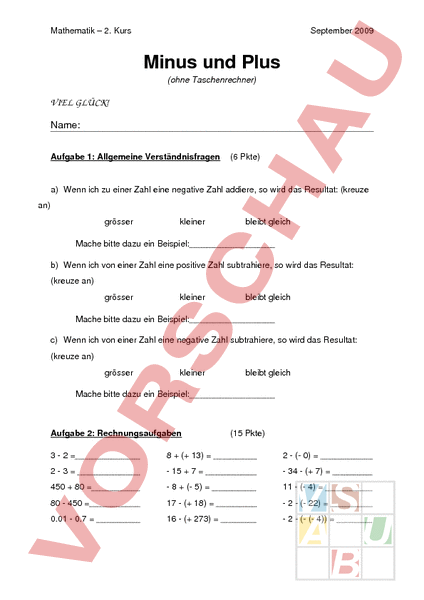 Arbeitsblatt: Prüfung Plus Minus - Mathematik - Algebra