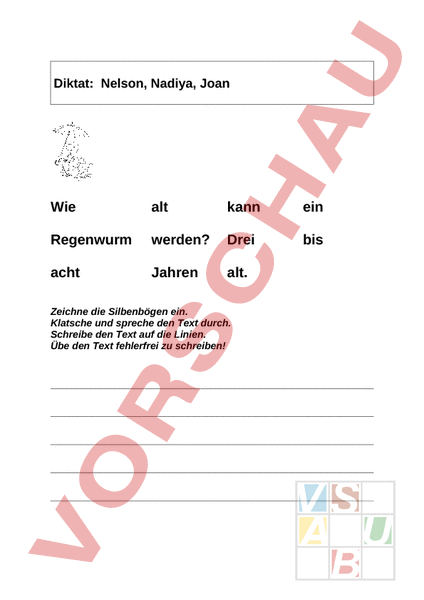 Arbeitsblatt: Kurzes Diktat 2.Klasse - Deutsch - Rechtschreibung