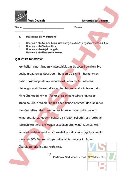 Arbeitsblatt: Test Wortarten - Deutsch - Grammatik