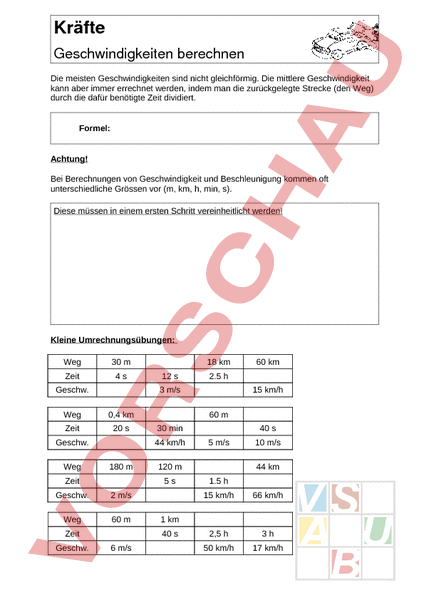 Arbeitsblatt: Geschwindigkeit berechnen - Physik ...
