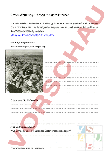 Arbeitsblatt: Übersicht Erster Weltkrieg - Geschichte - Neuzeit