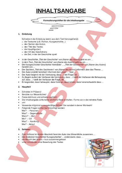 Arbeitsblatt: Inhaltsangabe - Deutsch - Texte schreiben