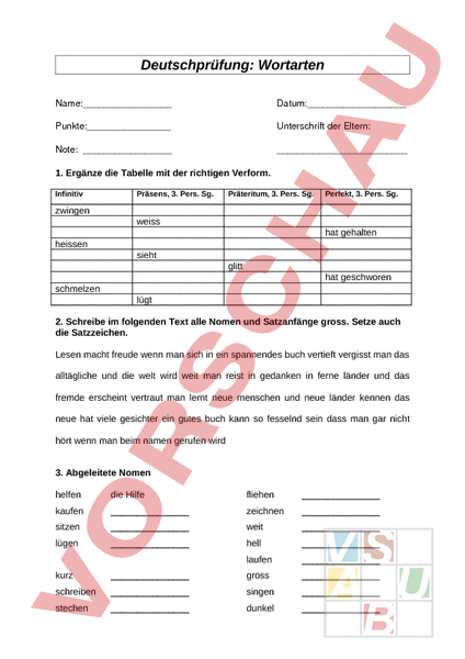 Arbeitsblatt: Deutschtest Wortarten - Deutsch - Grammatik