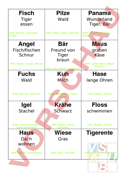 Arbeitsblatt: Tabu mit 30 einfachen Begriffen - Deutsch - Wortschatz