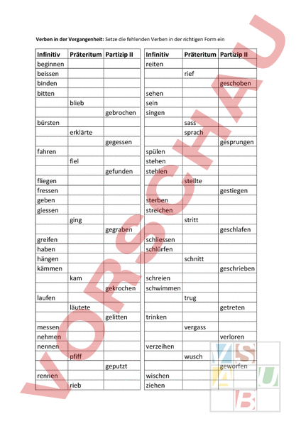 Arbeitsblatt Verbtabelle Vergangenheit Deutsch Grammatik