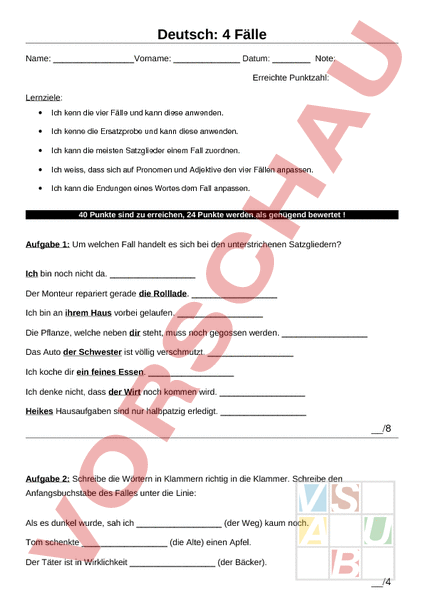 Arbeitsblatt: Test vier Fälle - Deutsch - Grammatik