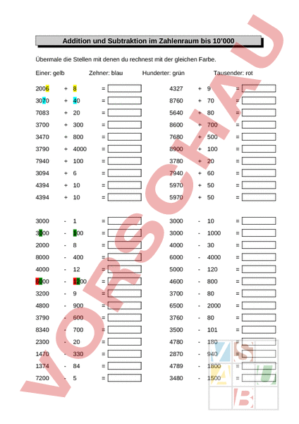 Arbeitsblatt: Kopfrechnen im Zahlenraum bis 10'000 - Mathematik