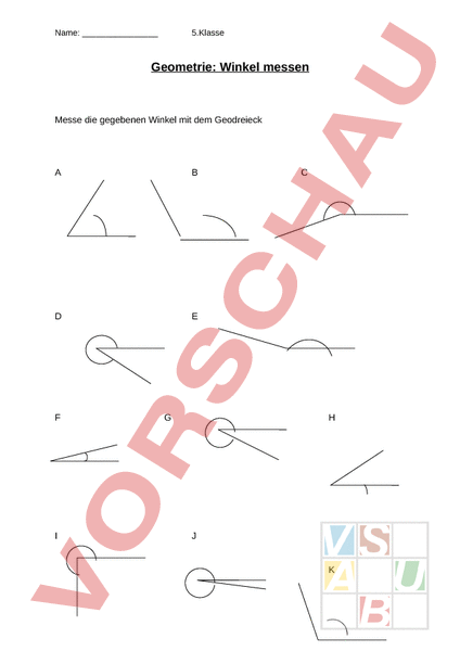 Arbeitsblatt Winkel Messen
 Arbeitsblatt Winkel messen mit Geodreieck Geometrie Winkel