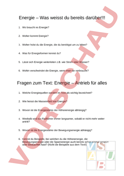 Arbeitsblatt: Energie Einstiegsblatt - Physik - Anderes Thema