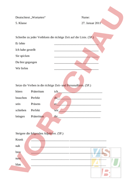 Arbeitsblatt: Test Wortarten - Deutsch - Grammatik