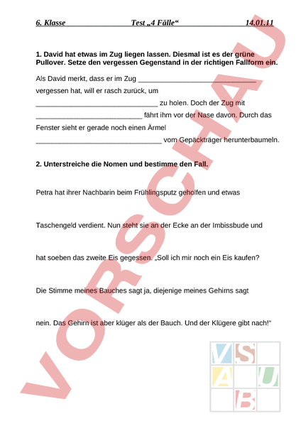 Arbeitsblatt: 4 Fälle Test - Deutsch - Grammatik