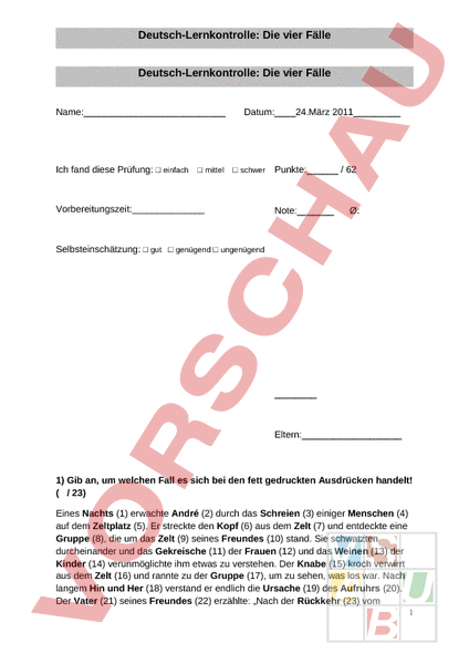 Arbeitsblatt: Deutsch Prüfung Die vier Fälle - Deutsch - Grammatik