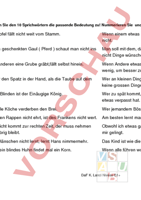 Arbeitsblatt: Sprichwörter  ihre bedeutung - Deutsch - DaZ