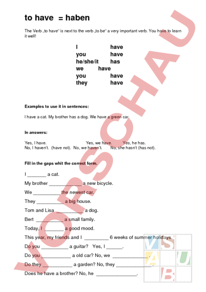 Arbeitsblatt: to have - Englisch - Grammatik