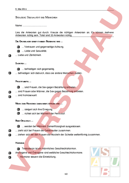 Arbeitsblatt: Sexualitt des Menschen - Biologie - Fortpflanzung /  Entwicklung