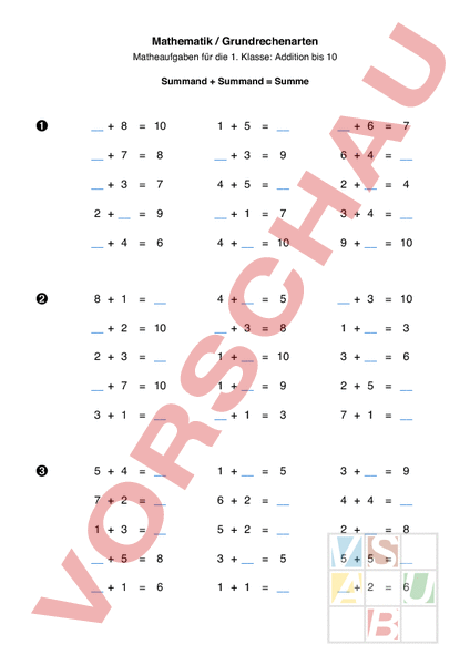 Arbeitsblatt: Addition bis 10 - Mathematik - Addition