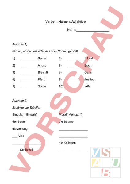 Arbeitsblatt: Verben, Nomen, Adjektive - Deutsch - Grammatik