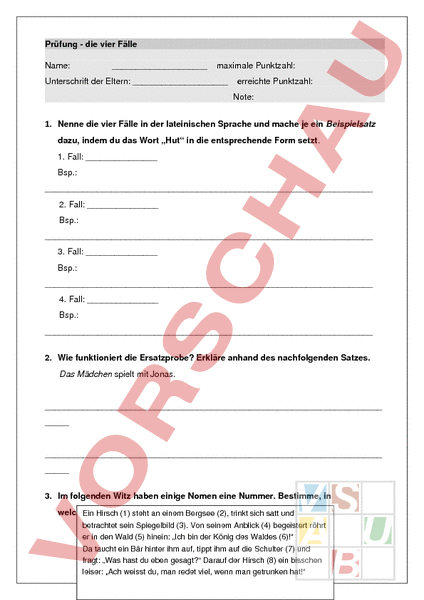 Arbeitsblatt: Prüfung 4 Fälle - Deutsch - Grammatik