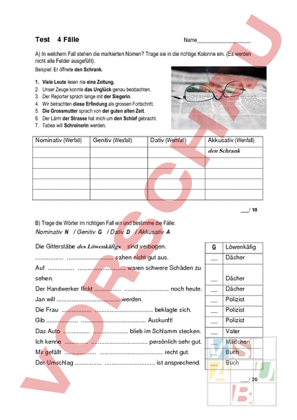 Arbeitsblatt: Test 4 Fälle - Deutsch - Grammatik